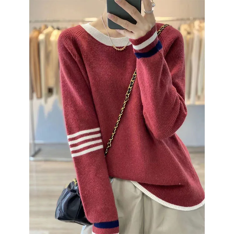 

Wool New Sweater Knitted Soft Top Women Contrast Color Keep Warm Jumper Loose and Casual Knit Pullover Youthful Woman Clothes