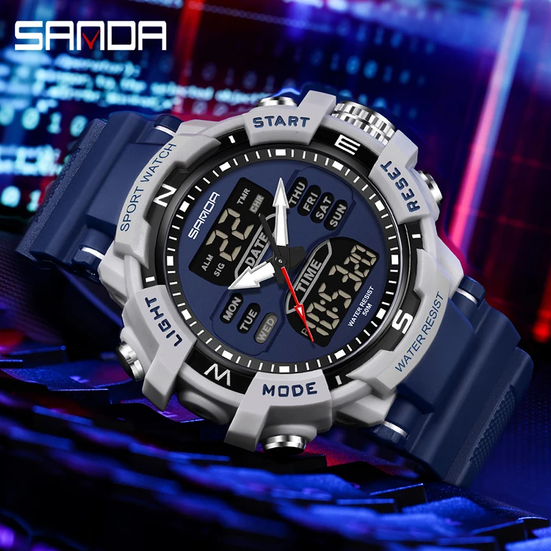 SANDA G Style Men Sports Watches Dual Display Digital LED Electronic Quartz Wristwatches Waterproof Swimming Military Watch