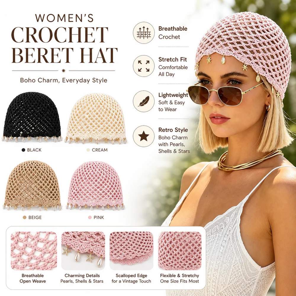 New Bohemian Crochet Beret Hat Hollowed Out Fringed Mesh Knitted Hat Pentagram Breathable Woven Pullover Hat Summer Outfits