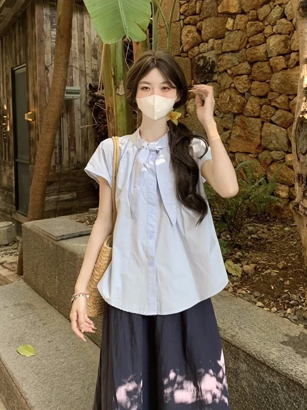 

Элегантная женская блузка с круглым вырезом и узлом, короткий рукав, лето 2026, новый стиль, топ-кукла, для офиса, из смесового хлопка