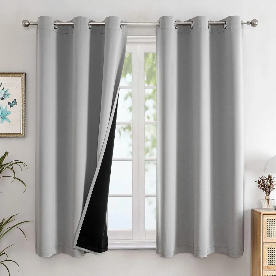 100 Blackout Curtains for Bedroom with Black Liner 2 Thick Layers Total Blackout Thermal Insulated Grommet Window Curtains 63 I