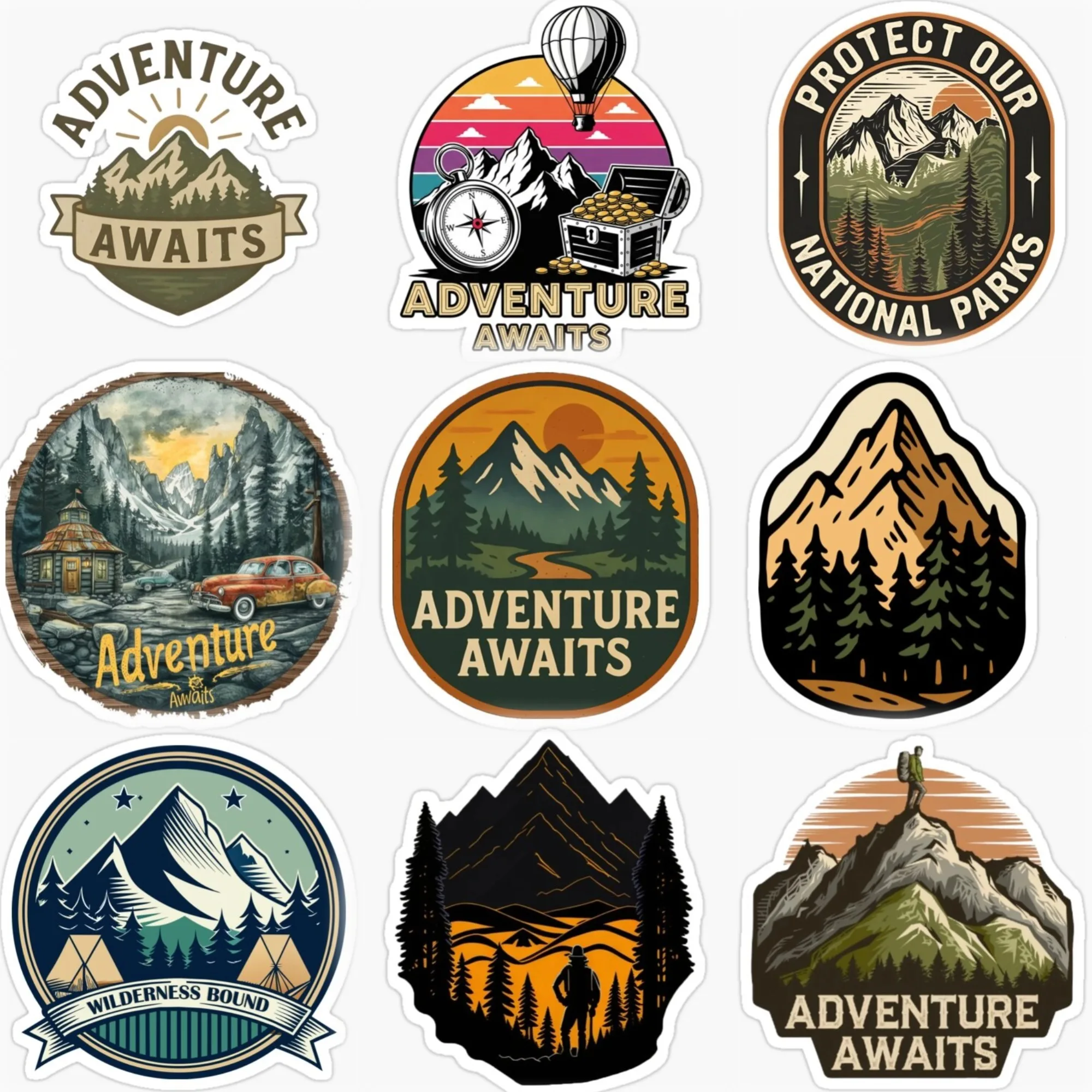 

Adventure Awaits Travel Camping Mountain PVC Car Stickers for Van Bicycle Motorcycle Helmet Window Wall Decal Accessories