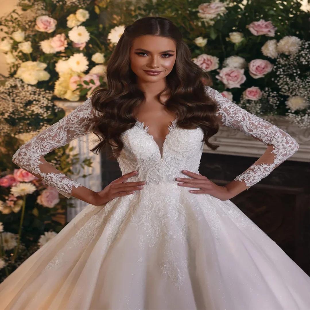 Suknia ślubna szyta na miarę, elegancka, z długim rękawem, dekoltem w serek, aplikacjami z cekinów, fason A-line, błyszcząca suknia dla panny młodej, Vestido De Noi