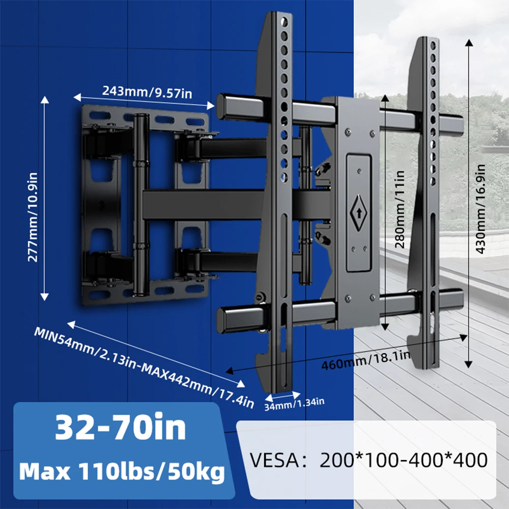 

Универсальный 32-70-дюймовый кронштейн для телевизора, телескопический поворотный наклонный подвесной держатель для телевизора с двумя шарнирными ручками, настенное крепление для телевизора VESA 400x400 мм