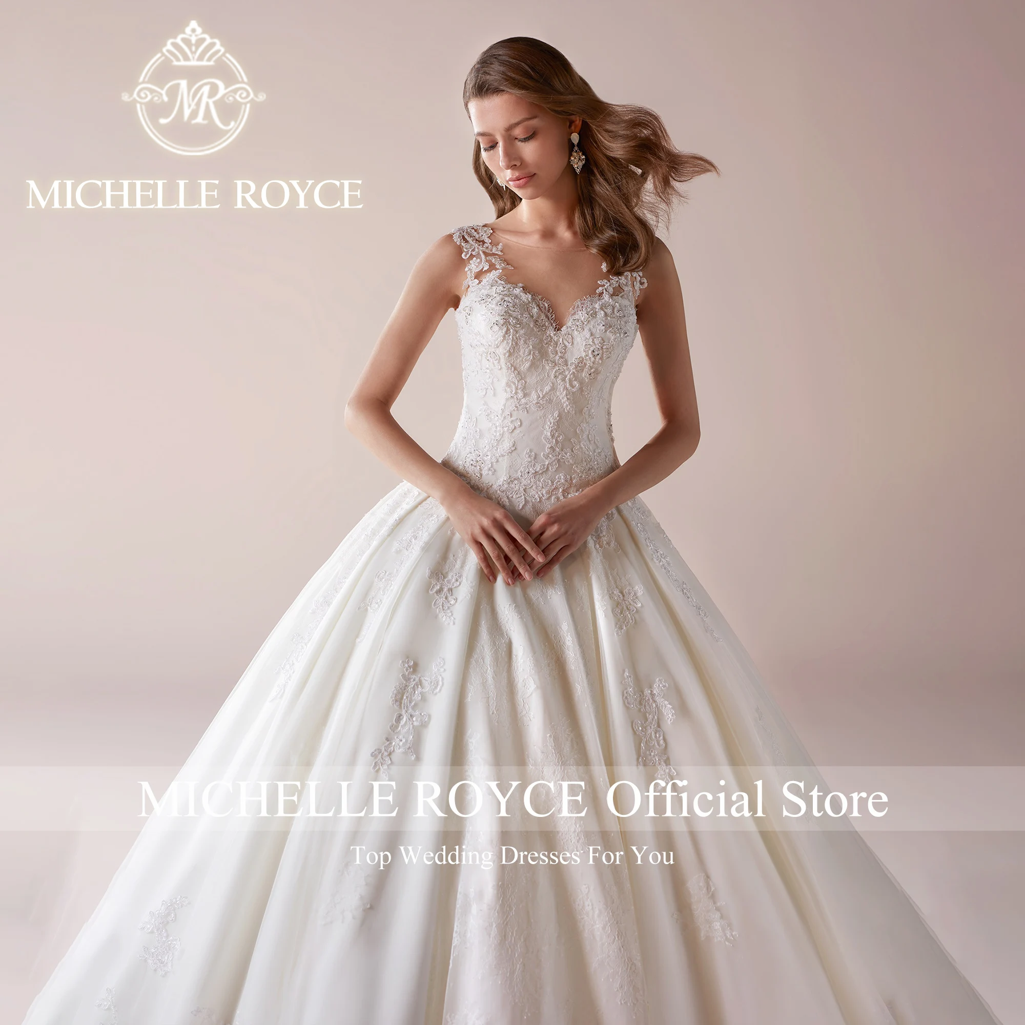 Michelle Royce-vestido De baile De lujo para mujer, Vestidos De Novia con escote Invisible, bordado, drapeado