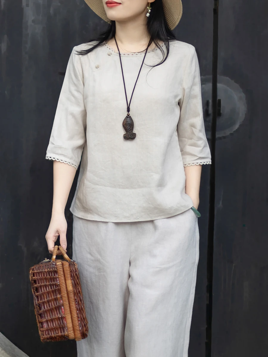 

New Chinese Style Han Han Linen Shirt Women's Overhead Soft Lace Diagonal Sleeveless round Neck Cotton Breathable Moistu...