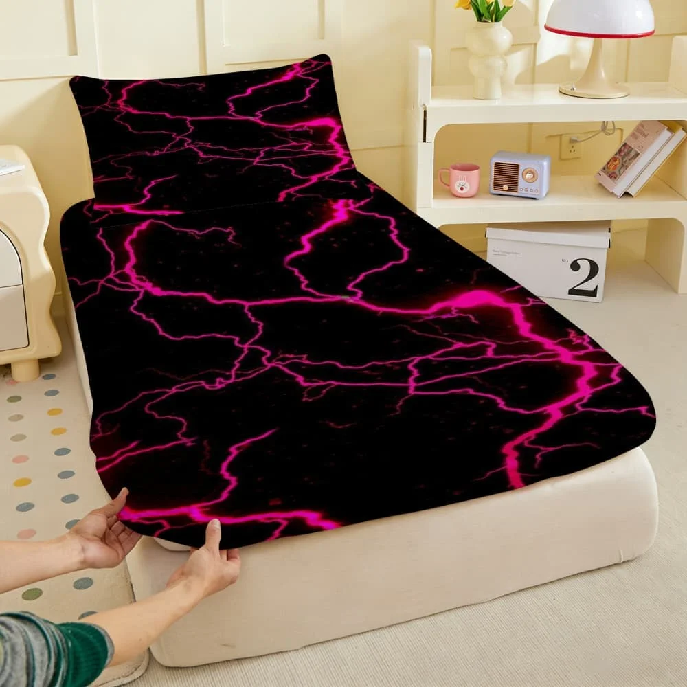 1pc Purple Red lightning Thunder Fitted Sheet Deep Pocket Elastic Mattress Cover Single Double Queen King Bedroom Decor