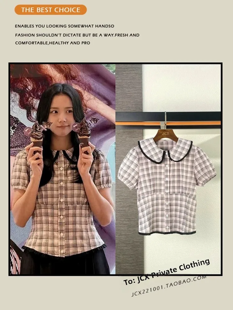 

Jisoo Kim Retro Plaid Doll Collar Short Sleeve Bubble Sleeve Short Shirt Women Summer Breathable Korean Style Slim Fit Shirt