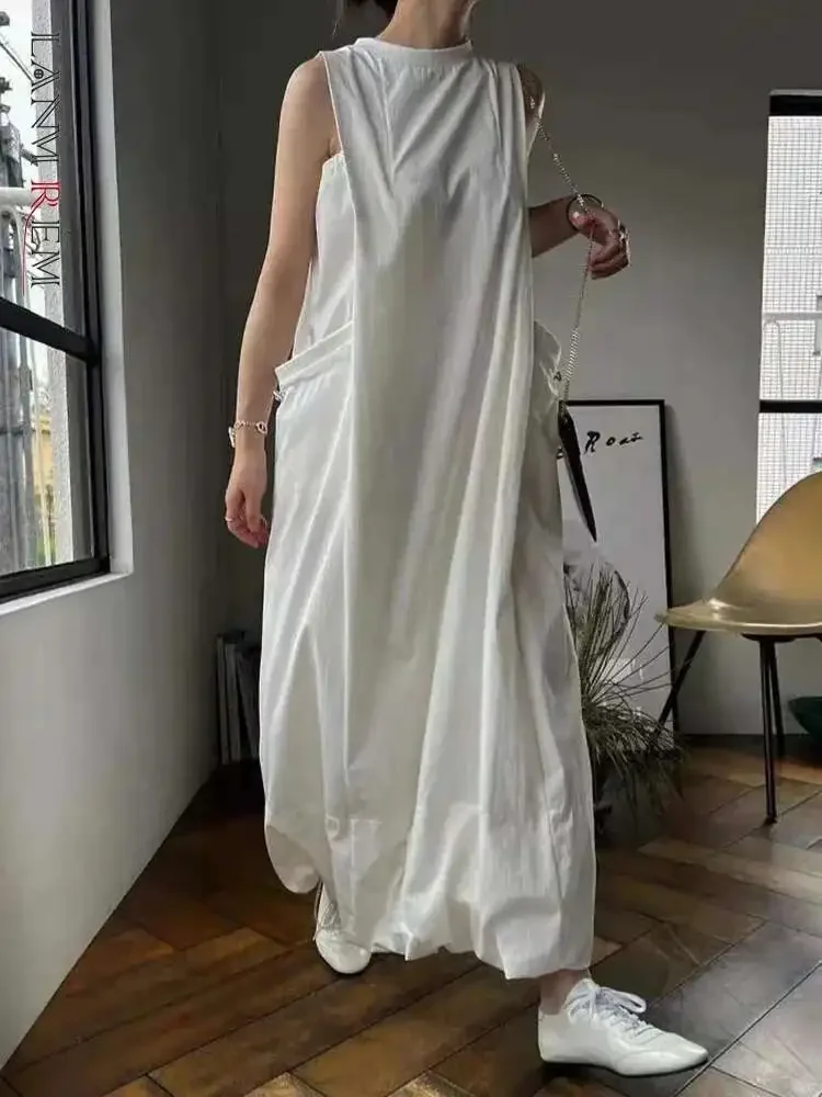 

Women's Long Dress O Neck Sleeveless Pockets Drawstring Design Zippers Loose Casual Dresses 2025 Spring Fashion