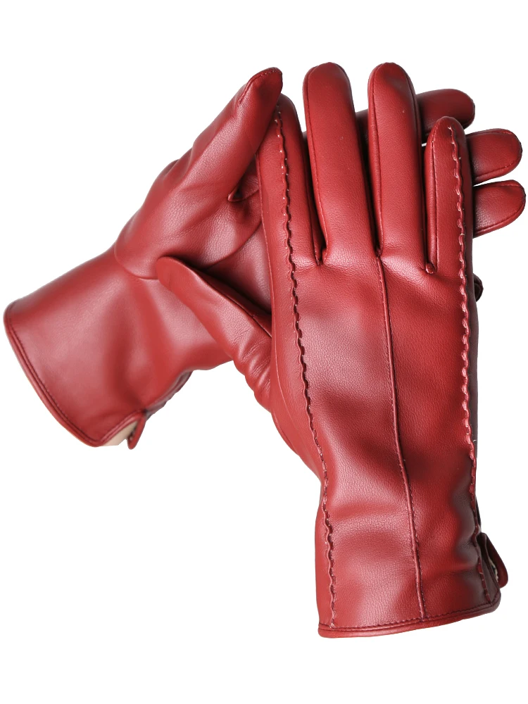 Women's gloves winter warm plus velvet short thin driving female color PU gloves new high-end 2023