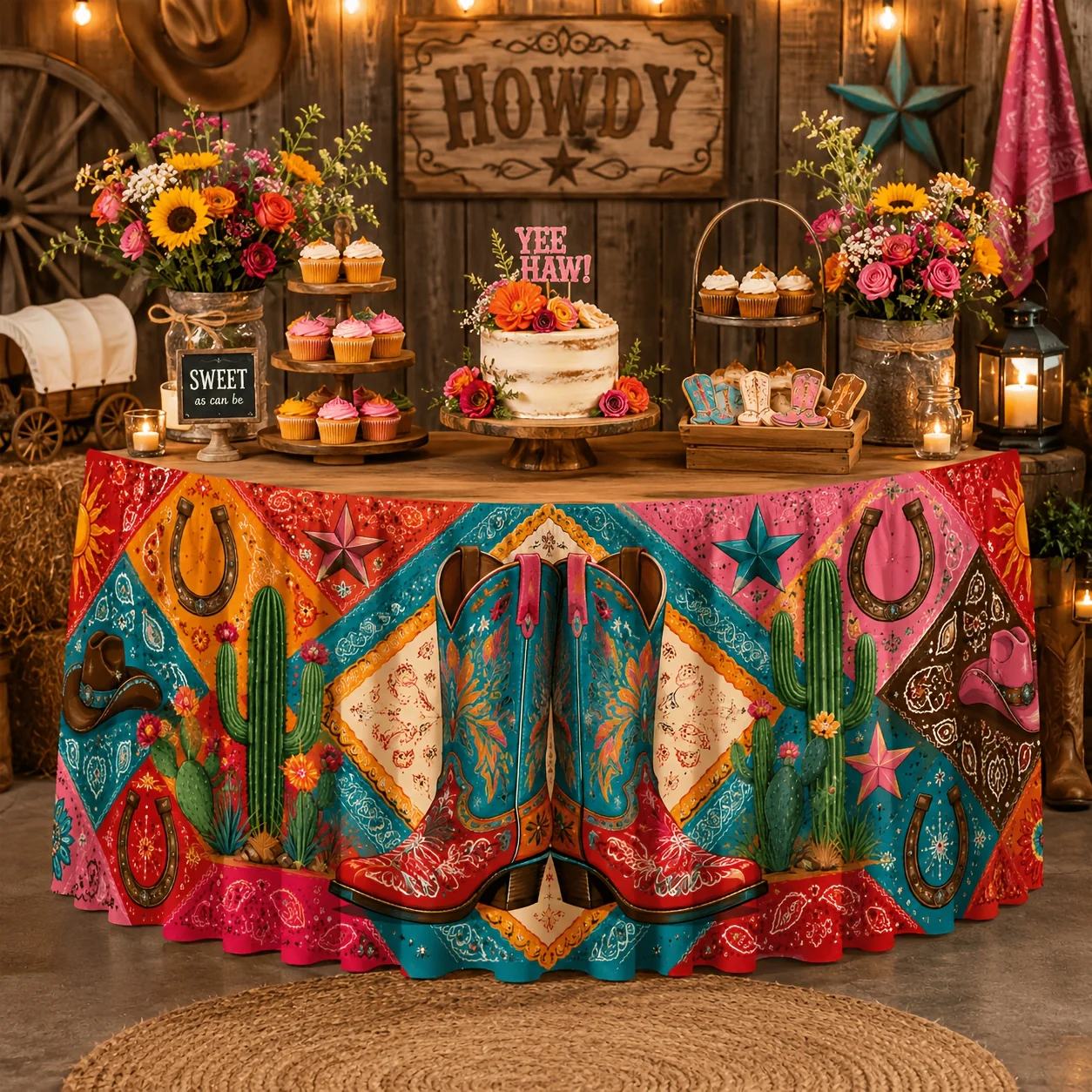 A tablecloth and table skirt. Western cowboy print table skirt. Includes cowboy boots and hat.