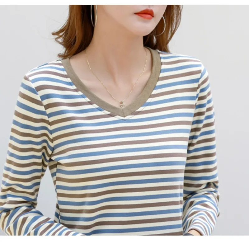 Spring Autumn Women\'s Pullover V-Neck Solid Striped Long Sleeve Undershirt Slim T-shirt Office Lady Elegant Fashion Casual Tops