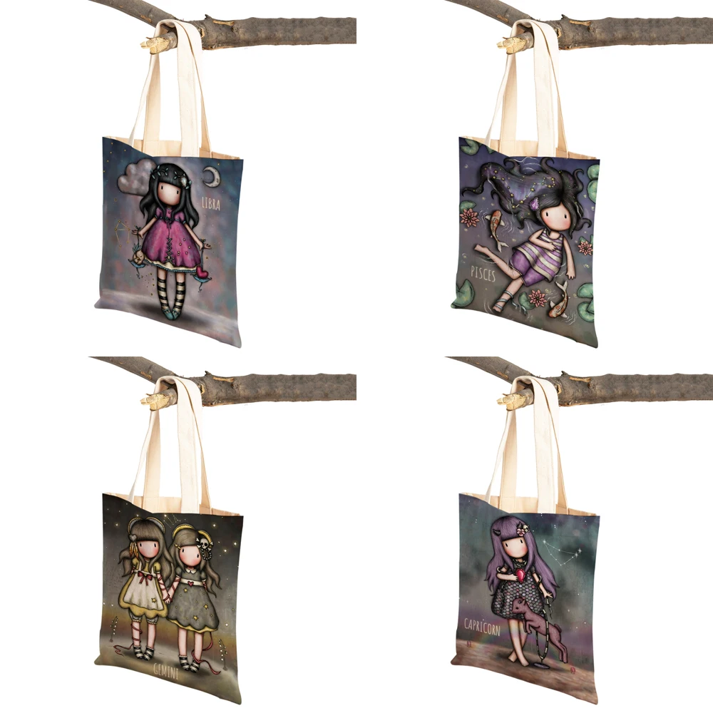 Cartoon Children Women Shopping Bag Both Sided Foldable Reusable Canvas Casual Cute Girl Tote Travel Portable Lady Handbag