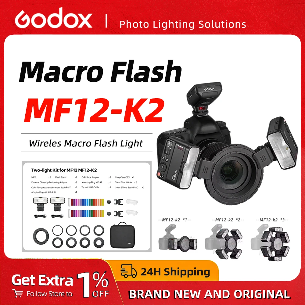Godox MF12 MF12-K2 Macro Flash Light 2.4GHz Wireless Control Built-in X System TTL Flash Speedlite with Color Filter for Canon