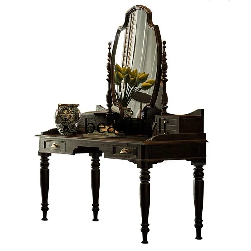 

American retro solid wood dresser French black mirror dressing table makeup stool