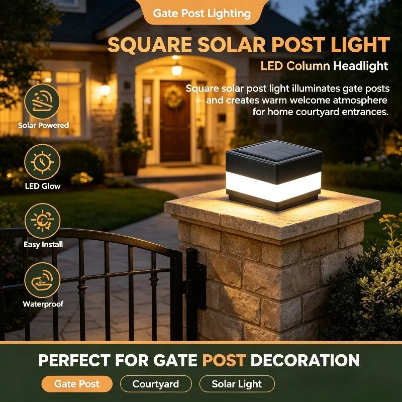 Garden Post Solar Light, Square LED Fence Cap with Top Panel and Warm Horizontal Glow for Gate Columns, Patios and Yard Decor