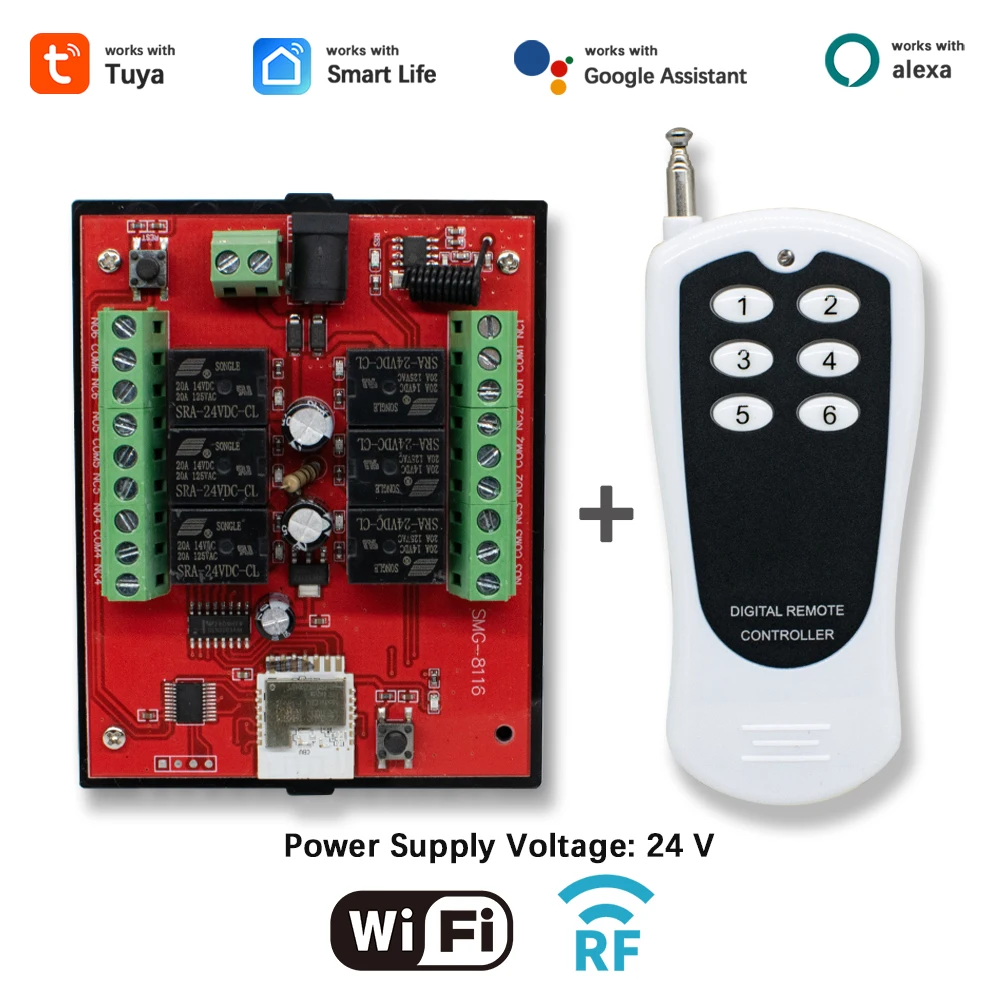 

Умный выключатель света RF 433 МГц, 6-канальный модуль TUYA Smart Switch с Wi-Fi, удаленный контроллер, DIY-приемник для Alexa и Google Home