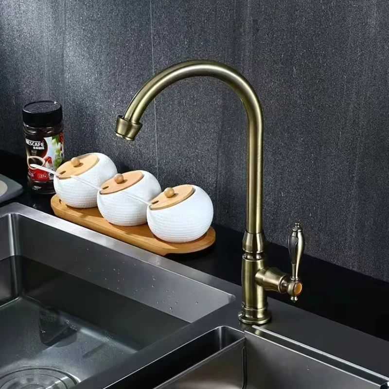Kitchen Faucet Single Cold Water High Bend Pipe Rotatable European Style Antique Bronze Color Basin Faucet for Washing Dishes