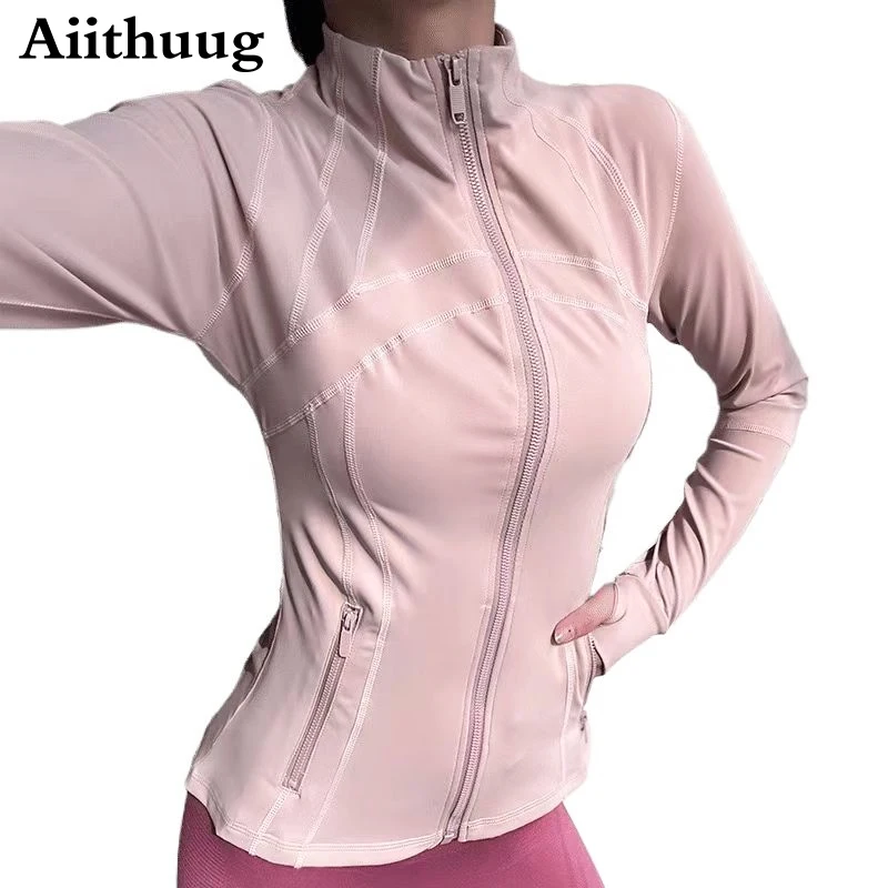 

Aiithuug Thumbholes Yoga Jackets With Pockets Women's Stand-up Collar Slimming Fit Coat Breathable Pilates Exercise Workout Tops