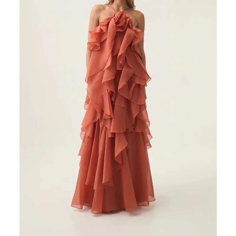 Robe de soirée à volants pour femmes, rouge, noir, fleurs appliquées, dos nu, fibrMaxi, robes de Rhpour le nouvel an