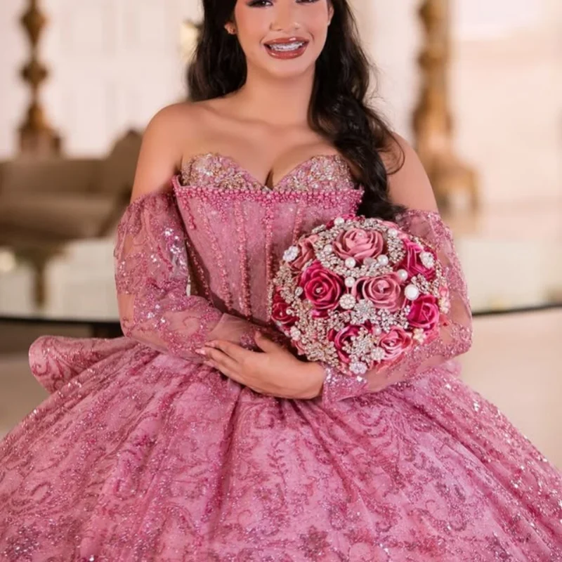

Блестящее розовое платье Quinceanera с открытыми плечами и блестками, многослойная наклейка с длинным хвостом, платья de 15, Quinceanera ﻿ Настроить
