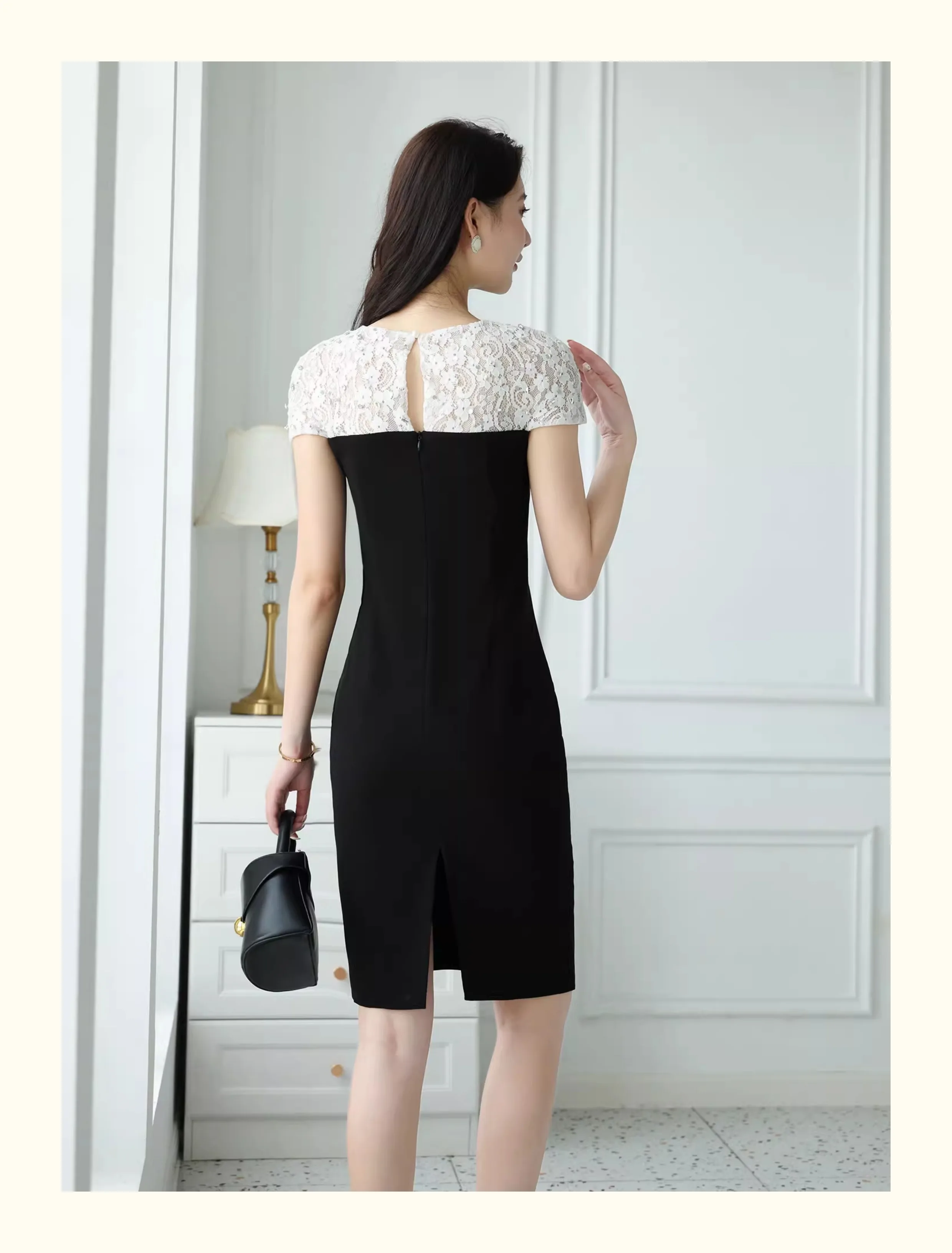 فستان أسود فاخر على طراز هيبورن الفرنسي الأنيق برقبة دائرية ومرقعة من الدانتيل وأكمام قصيرة وخصر عالٍ فستان ضيق مناسب للنساء