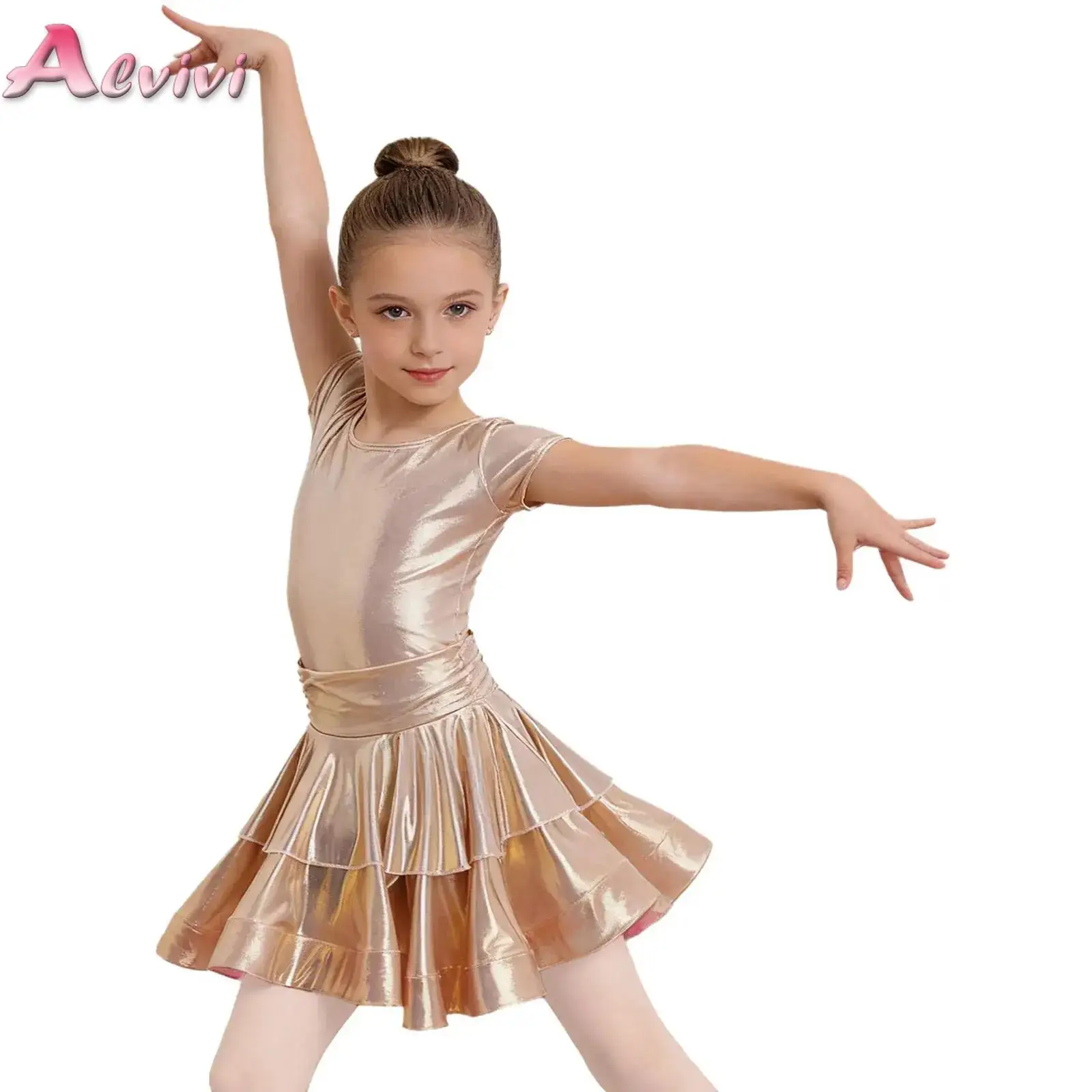 

Kids Girls Latin Dance Performance Dance Dress Cap Sleeves Tiered Ruffled Metallic Dress with Built-in Shorts for Latin Salsa