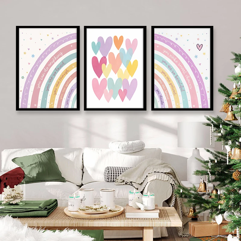 Pastel Rainbow Affirmation Canvas Wall Art Set Soft Watercolor Heart Positive Quote Poster for Girls Nursery Kids Bedroom