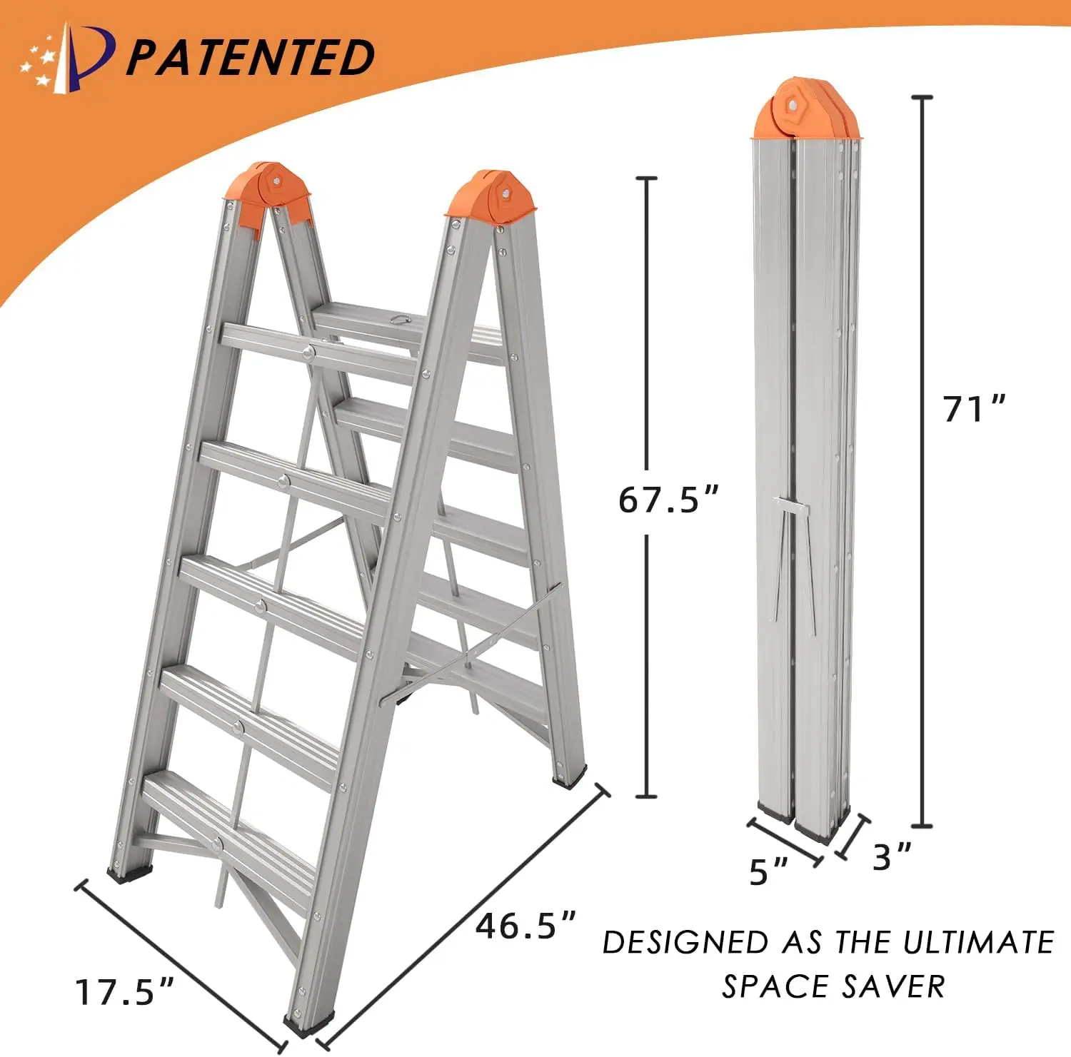 Ladder, Foldable Twin Front Ladder, Collapsible A Frame 5-Step Ladder, Compact Step Stool with Wide Anti-Slip Pedal, Aluminum Po