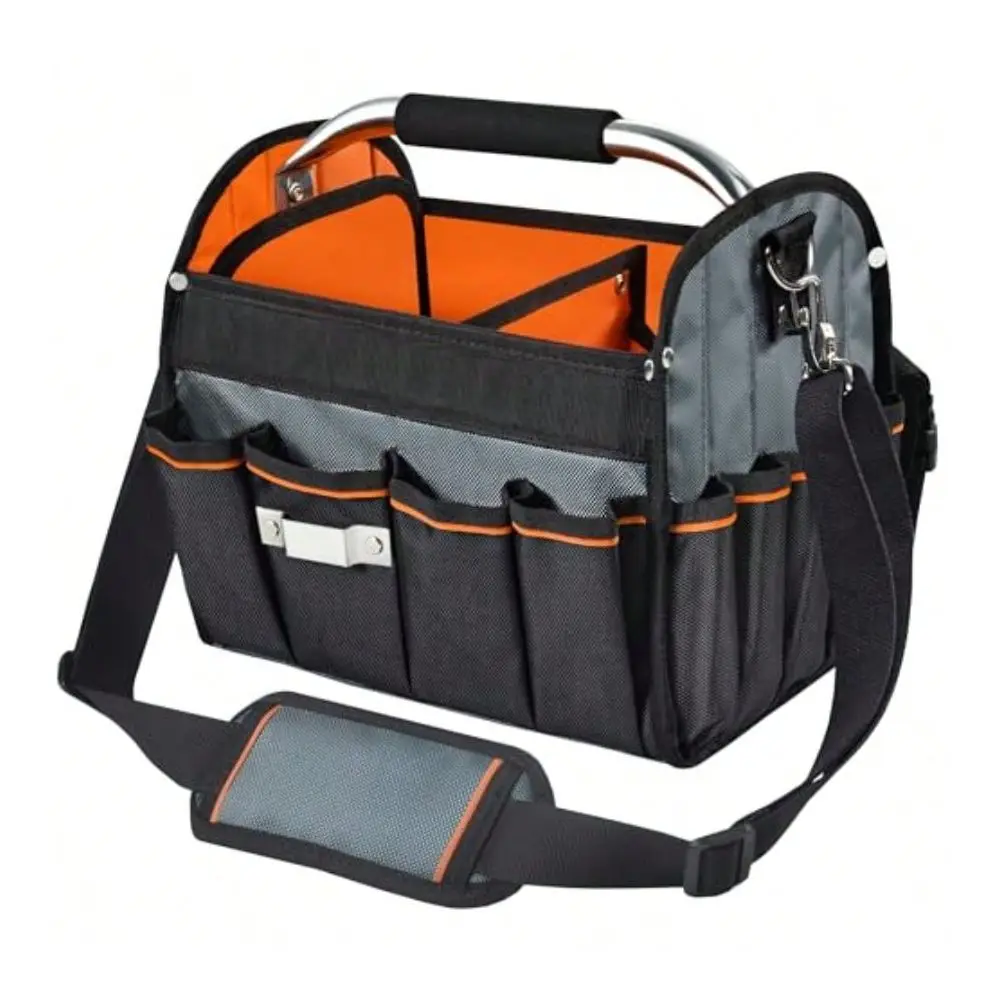 12 Inch Electrician Tool Tote Bag 1680D Ballistic Polyester 34 Pockets Open Top Foldable Tool Bags With Detachable Divider Tool Tote With Stainless Steel Handle Padded Shoulder Strap