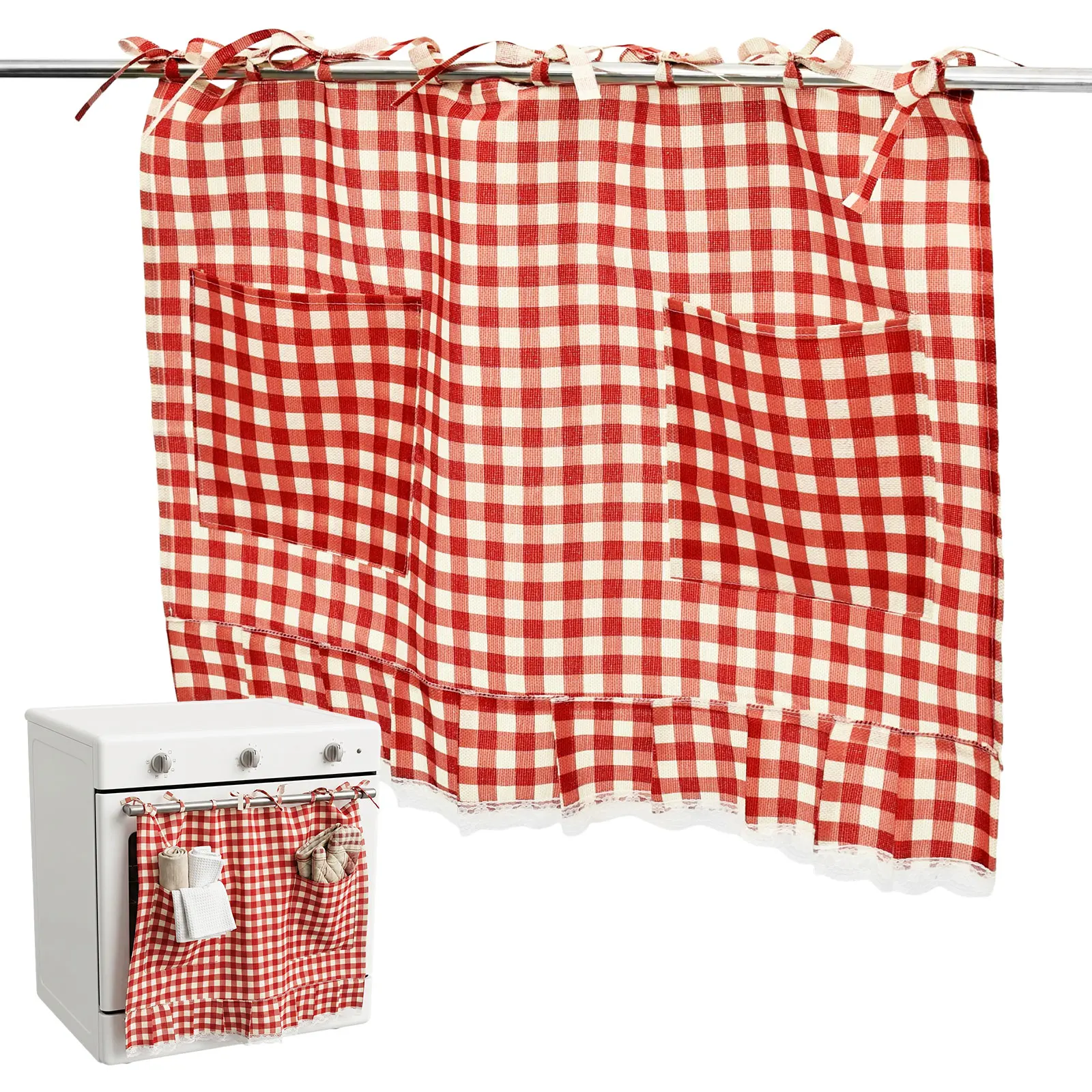 Checkered Oven Skirt Curtain Decorative Linen Kitchen Dishwasher Hidden Curtain with Pocket and Lace Trim Stove Cover Skirt Tie