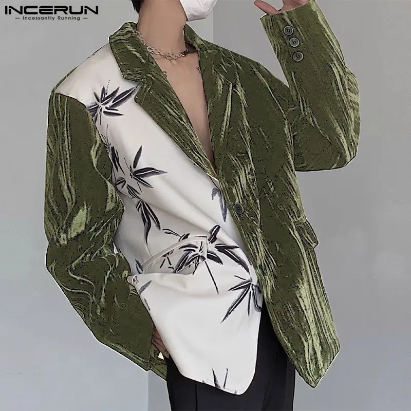 

INCERUN Tops 2024 Chinese Style Men's Bamboo Leaf Printed suede Patchwork Suit Coats Casual All-match Long Sleeved Blazer S-5XL