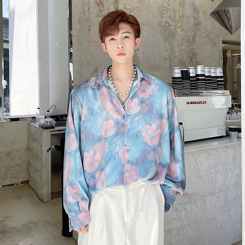 

Spring Summer Korean Fashion New Drape Floral Print Shirts for Men Long Sleeve Casual Comfortable Button Up Shirt Tops L17