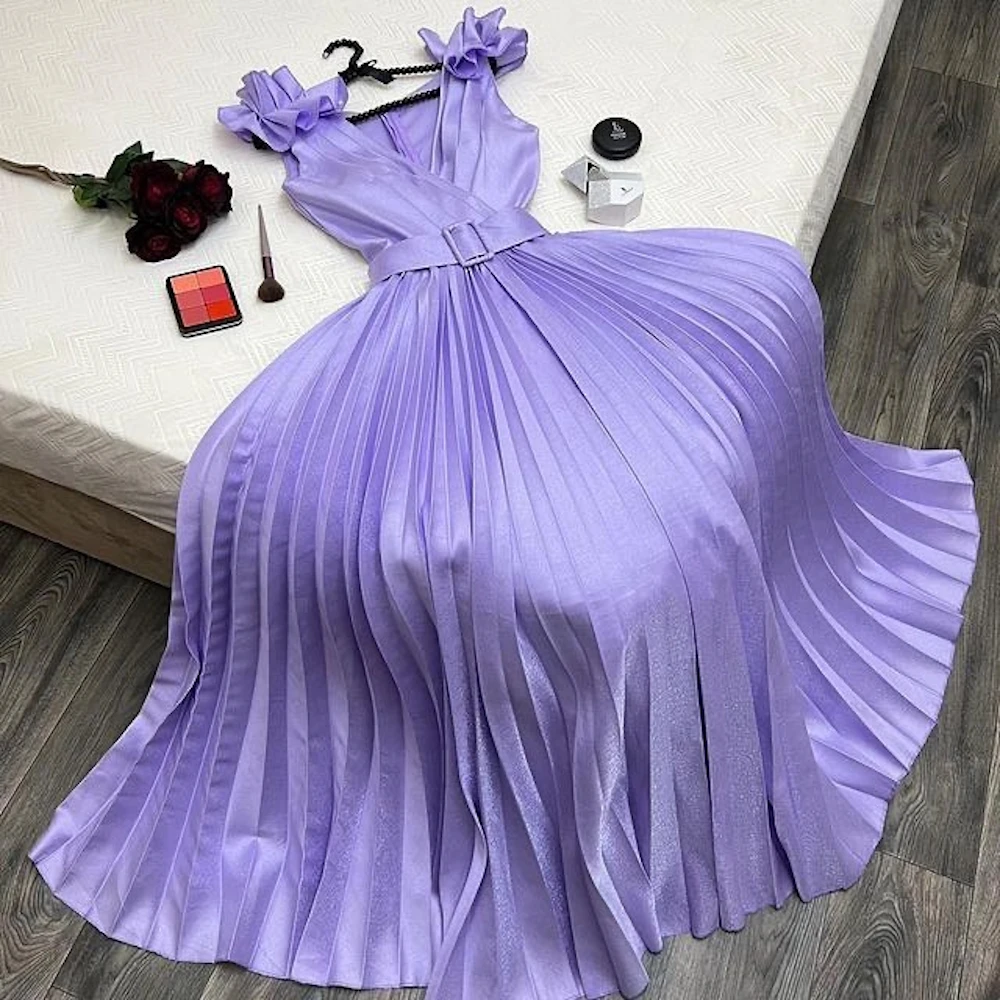 

ROSELLA Deep V Neck Evening Dresses Sleeveless Ankle Length 2023 فساتين السهرة Pleated A Line vestidos para mujer