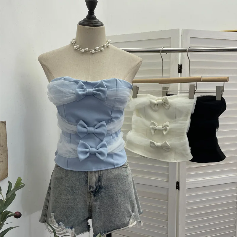 Clothing Corset Y2K Spicy with Built In Bra Non Slip Mesh Bow Detail Bandeau Top Form Fitting Tee Party Top Sexy Short1538