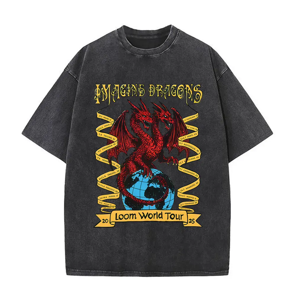 

Washed Vintage Imagine Dragons Loom World Tour 2025 T-shirt Men Women Rock Gothic Oversized T Shirts Unisex Casual T-shirts Tops