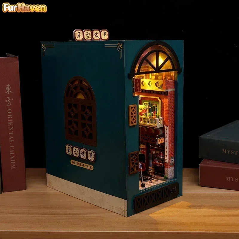 Estantería de Madera DIY con Diseño de Cuentos Orientales, Sujetalibros Hecho a Mano, Inserto para Estantería, Kits de Modelos en Miniatura