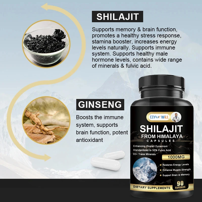 ByurWill Himalaya Original Shilajit Capsules Rich Trace Minerals & 50% Fulvic Acid Support Immunity, Muscle & Endurance, Energy