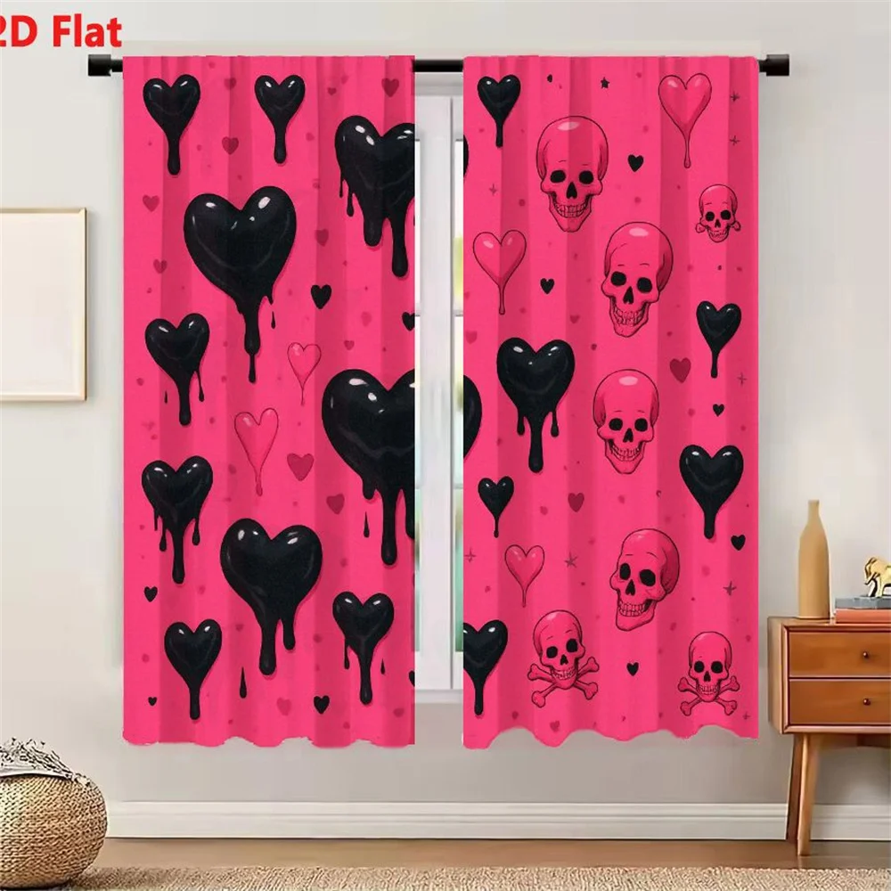 2Pcs Curtains 2D Flat Pink Gothic Playful Background With Black Pink Hearts Skulls Stars Decorative Elements Window Drapes for B