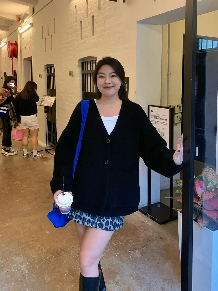 

Свободный вязаный кардиган для женщин больших размеров, черный свитер-жакет в стиле Lazy Sle, осенне-зимняя новинка, повседневный, комфортный