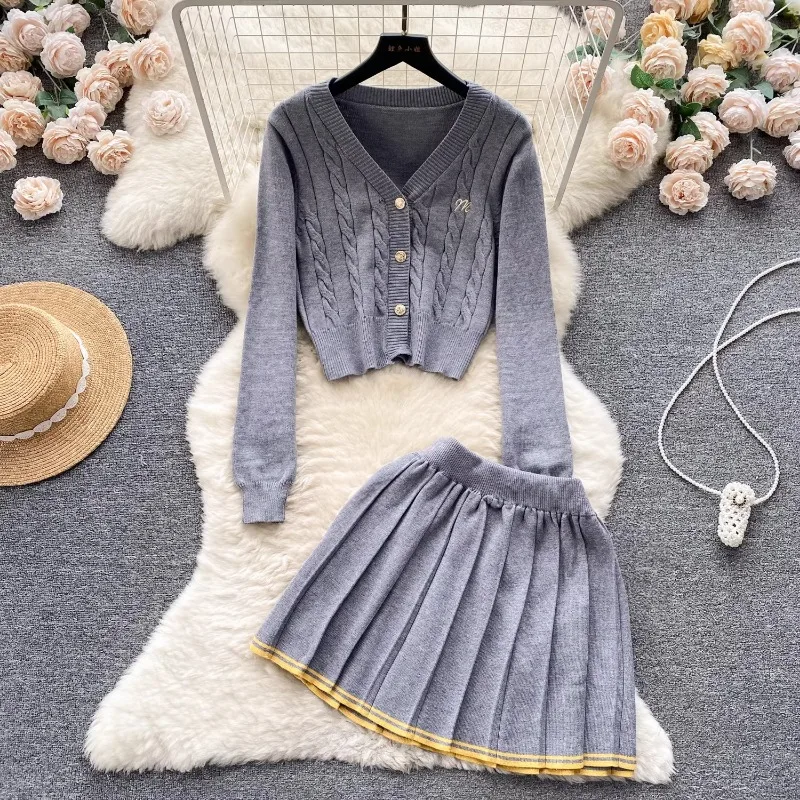 Neploe French College Style Two Piece Set Femme 2024 Autumn Long Sleeve V-Neck Knitted Cardigan High Waist A-Line Pleated Skirt