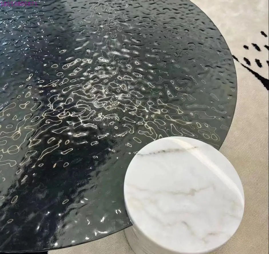 Italian light luxury water ripple round glass living room simple home small tea table stainless steel balcony