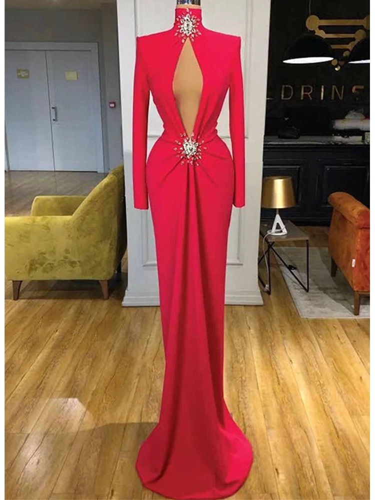 Elegant High Neck Prom Dresses Long Sleeves Beading Evening Party Gown For Women Simple Soft Satin Formal Robes De Soirée