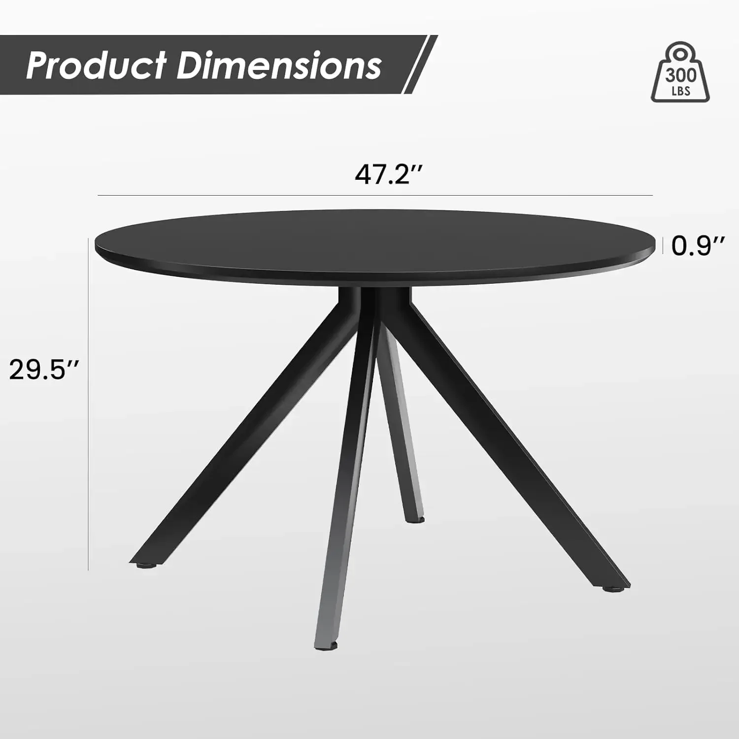 Zwarte eettafel voor 4-6 personen | 47 inch rond houten eettafelblad |   en metalen frame voor thuiskeuken, eetbureau (47 inch, 120 cm)