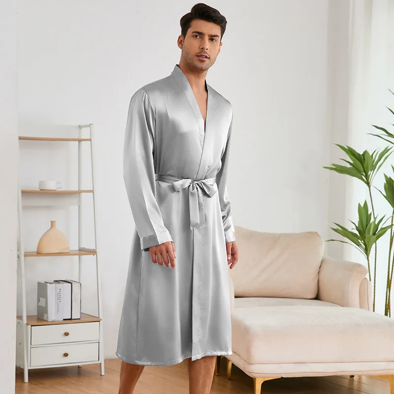 Nieuw Zijdeachtig Satijnen Gewaad Herengewaad En Korte Broek Set Nachtkleding Losse Kimono Pyjama Lange Mouwen Badjassen Effen Huiskleding