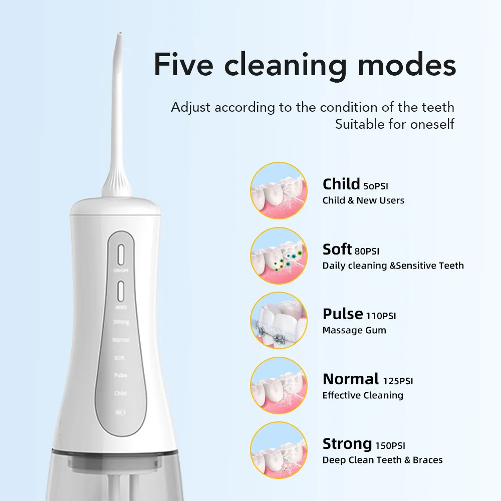 Nuevo irrigador Oral, hilo Dental recargable por USB, chorro de agua Dental portátil, limpiador de dientes impermeable de 350ML, 6 puntas para el cuidado bucal