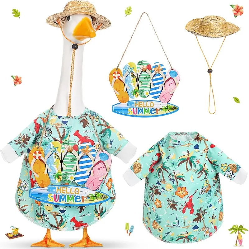 Summer Beach Goose Outfit Set, Fits 23 Inch Porch Goose Statue, Straw Hat, Tropical Shirt And 'Hello Summer' Sign Statue Porch, Courtyard, Lawn, Outdoor Decorations