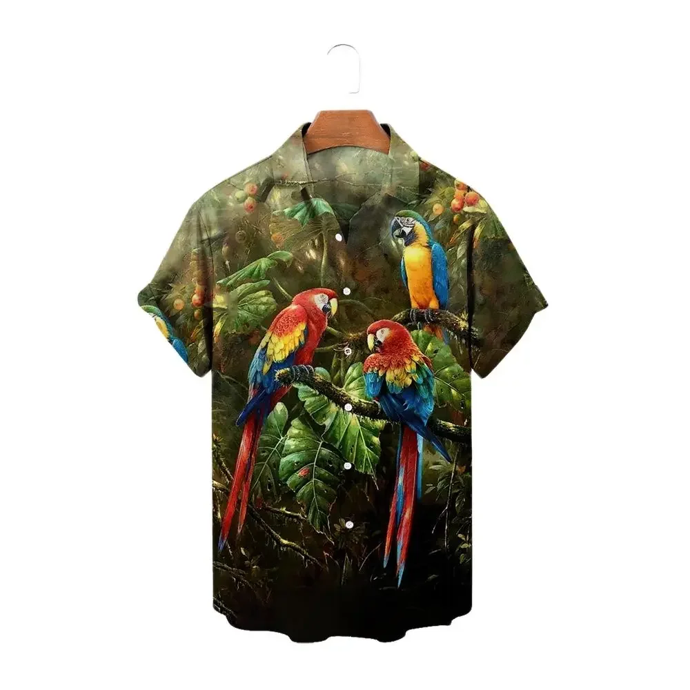 2024 Summer Parrot 3D Printed Men's Shirt Forest Series Fashion Short Sleeve Hawaiian Men's Clothing Loose Oversized Top Clothin