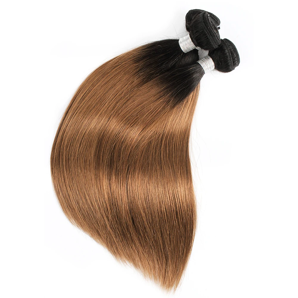 Gemlong T1B30 Ombre Color 3 Bundles With 4*4 Lace Closure Medium Auburn With Dark Roots Remy Brazilian Human Hair Extension