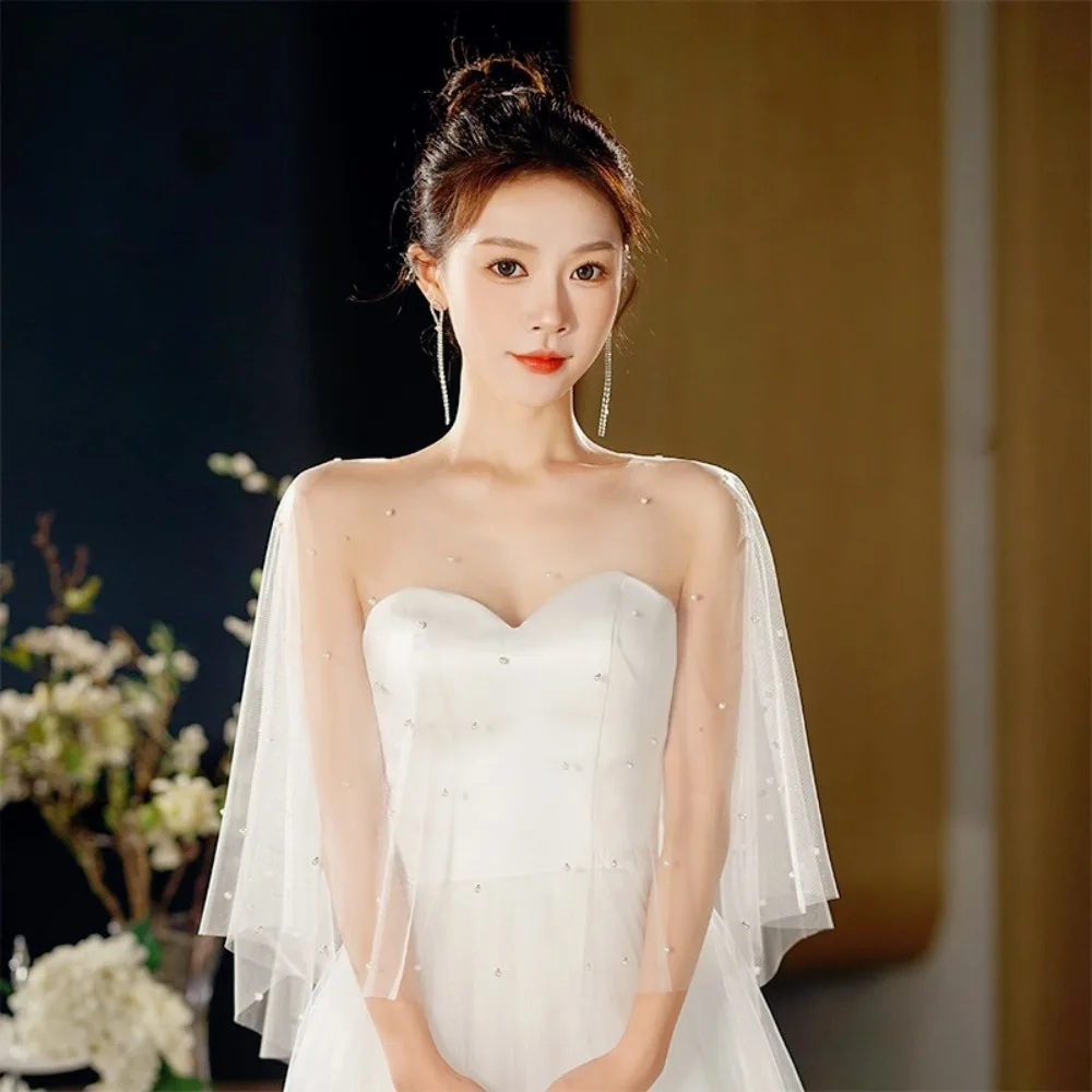 

Soft White Beaded Sheer Tulle Shawl Bridal Cape for Wedding Bolero Wedding Cape Bridal Accessories Wedding Props
